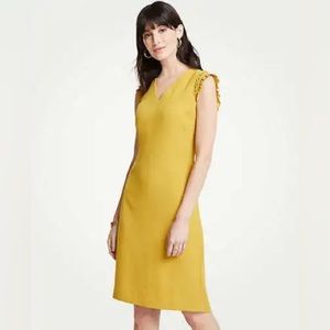 New Ann Taylor Mustard Yellow V-neck Ruffled Sleeve Lined Sheath Dress size 4
